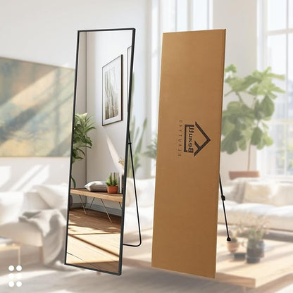 Beauty4U 59" x 16" Full Length Mirror with Stand & Wall Mount, HD Tempered Glass Full Body Mirror for Bedroom, Living Room, Dressing Room, Black Aluminum Frame