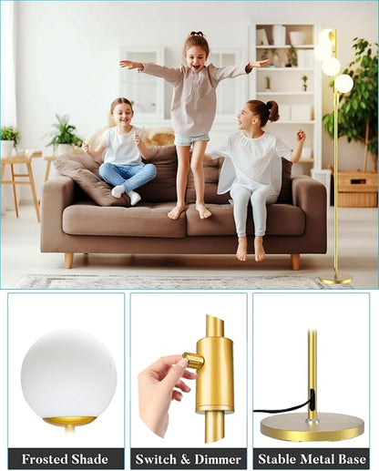 Lightdot 64IN Dimmable Globe Floor Lamp, Gold Standing Lamps with 4PCS 3000K Bulbs Warm White, Mid Century Modern Floor Lamp with 5Lbs Heavy Base for Living Room/Bedroom/Sofa Beside/Corner Decor