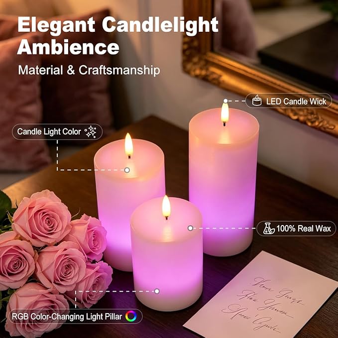 LEDHOLYT Rechargeable Flameless Candles, RGB Color Changing Realistic Flickering Flameless Candles with Remote & Timer, Set of 3