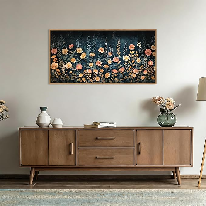 HPNIUB Moody Dark Wildflowers Framed Wall Art Set,Modern Botanical Floral Wall Decor,Dark Blue Colorful Flower Vibrant Printing,Nature Spring Flower Artwork for Living Room, Bedroom,Office-20''x40''