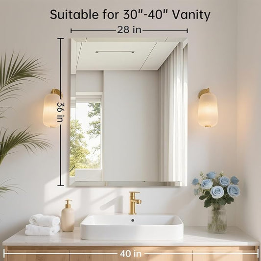 28x36 Inch Rectangle Frameless Mirror, Beveled Bathroom Mirror, Frameless Wall Mirror with 1" Beveled Edge for Bathroom Vanity, Entryway, Living Room