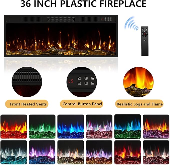 TAVATA Fireplace TV Stand Entertainment Center with 36" Fireplace, 70" Wooden TV Stand for TVs Up to 80", Media TV Console with High Gloss Storage Cabinet and 16 Colors LED Lights (White)