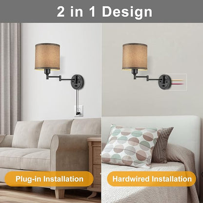 GOODATE Dimmable Plug in Wall Sconces, Swing Arm Wall Lamp, Wall Sconces Set of Two, Plug in Wall Light, Sconces Wall Decor Set of 2, Grey Fabric Shade, 2pcs Bulbs Included