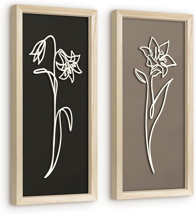 VIYYIEA Wooden 3d Floral Bathroom Wall Decor, Ready-to-Hang Framed Wall Art For Living Room, Bedroom and Office, Boho Botanical Farmhouse Decoration, Lightweight but Valuable Gift (7x16 In, set of 2)