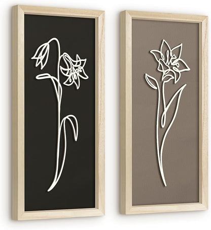 VIYYIEA Wooden 3d Floral Bathroom Wall Decor, Ready-to-Hang Framed Wall Art For Living Room, Bedroom and Office, Boho Botanical Farmhouse Decoration, Lightweight but Valuable Gift (7x16 In, set of 2)