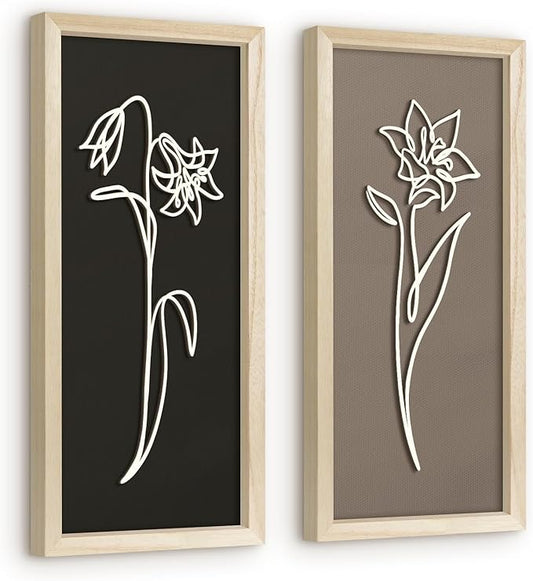 VIYYIEA Wooden 3d Floral Bathroom Wall Decor, Ready-to-Hang Framed Wall Art For Living Room, Bedroom and Office, Boho Botanical Farmhouse Decoration, Lightweight but Valuable Gift (7x16 In, set of 2)
