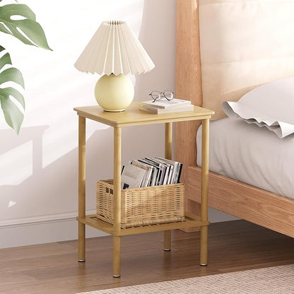 2 Tier Bamboo End Table, Narrow Side Table with Adjustable Feet, Waterproof Small Bedside Table, Nightstand, Entryway Table for Living Room Bedroom Bathroom, No Tool Assembly, 66LBS Capacity