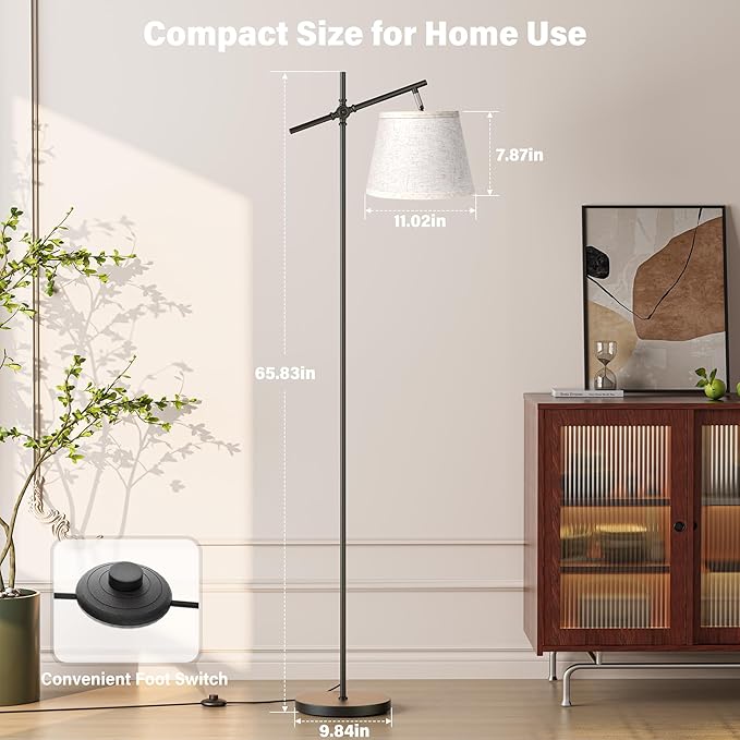 SIBRILLE Floor Lamp with Linen Shade, Dimmable Tall Standing Lamp with Remote Control & 3 Color Temperatures Bulb, Modern Swing Arm Floor Lamps for Living Room Bedroom Office Corner