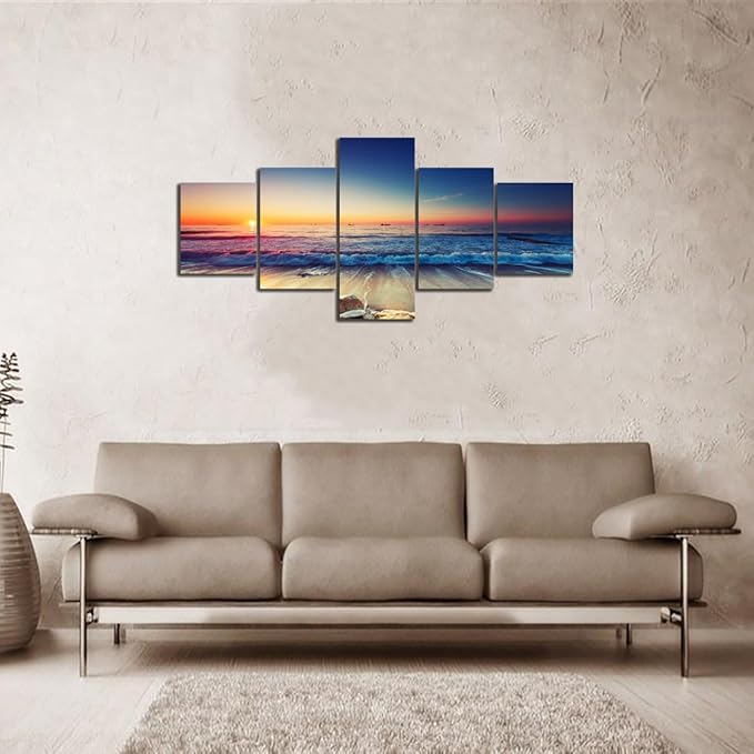 Beautiful 5 Piece Sunset Beach Waves Landscape Artwork Pictures Painting on Canvas Wall Art for Living Room Prints and Posters for Home Decorations Wall Decor Set Framed (50’’W x 24’’H)