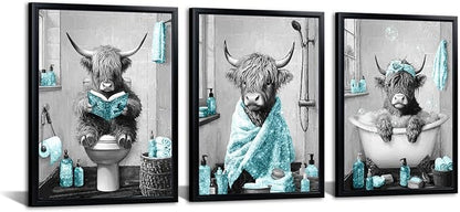 sechars Highland Cow Bathroom Wall Art 3 Piece Funny Bathroom Pictures Canvas Print Grey and Teal Decor (Teal)