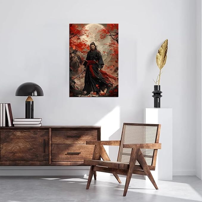 Oriental Samurai Wall Art Black and Red Warrior Wall Decor Canvas Prints Warrior Figure Pictures Bushido Posters Artwork Framed for Living Room Bathroom Bedroom Office (28''W x 44''H)