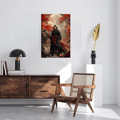Oriental Samurai Wall Art Black and Red Warrior Wall Decor Canvas Prints Warrior Figure Pictures Bushido Posters Artwork Framed for Living Room Bathroom Bedroom Office (28''W x 44''H)