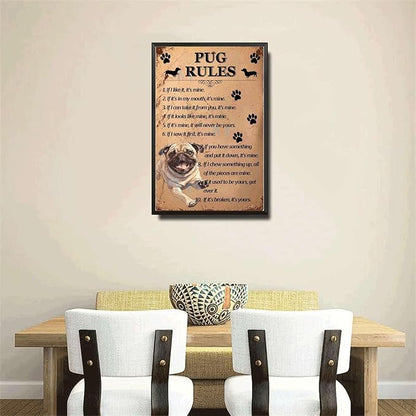 Metal Sign Tin Sign Vintage Wall Art Pug Rules Metal Sign for Bar 12×16 Inches with Metal Frame