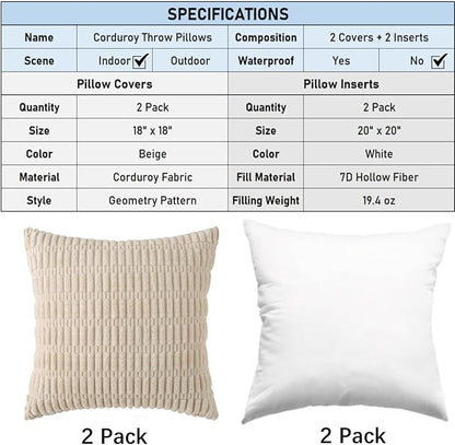 2 Pack Corduroy Decorative Throw Pillow with Inserts, 18x18 Inch Soft Boho Throw Pillow, Square Striped Throw Pillows for Couch, Bed, Sofa Decor(Beige)