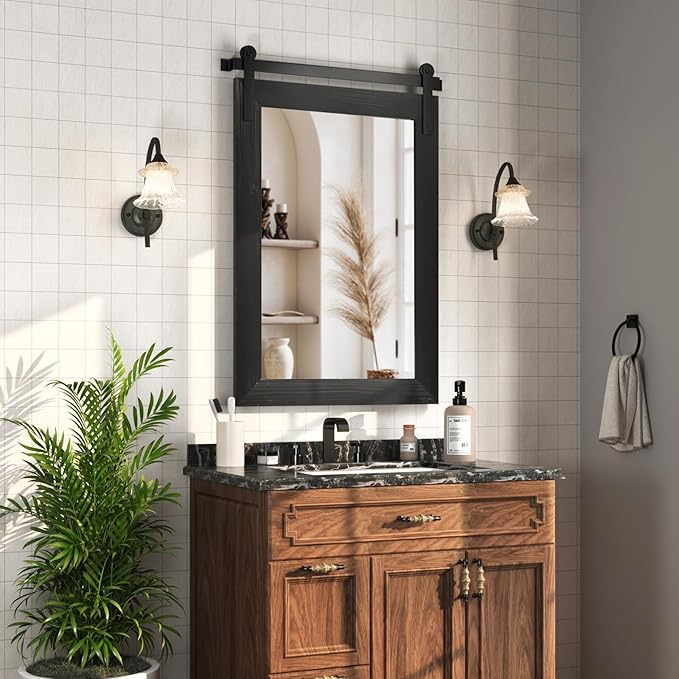 COGOOD Bathroom Mirrors for Over Sink - 42" x 29" Farmhouse Barn Door Mirror for Living Room, Entryway, Bedroom, Vanity Wall Decor Black