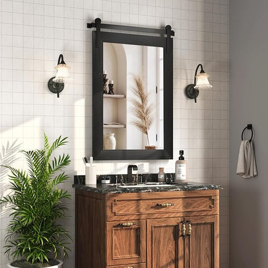 COGOOD Bathroom Mirrors for Over Sink - 42" x 29" Farmhouse Barn Door Mirror for Living Room, Entryway, Bedroom, Vanity Wall Decor Black