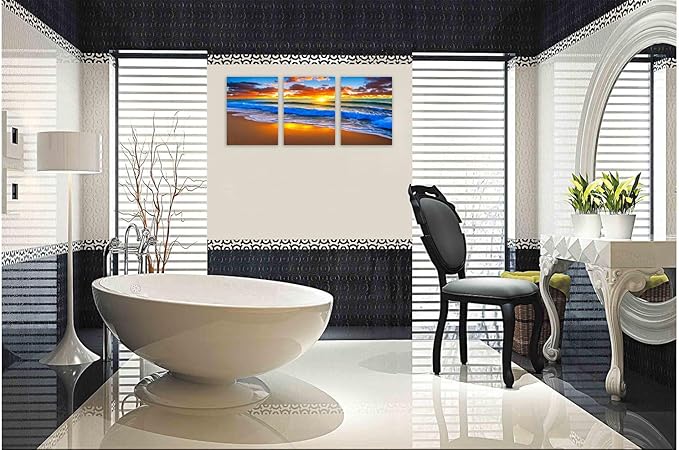 TutuBeer 3 Panels Beach Pictures Blue Sea White Beach at Sunrise Picture Print on Canvas Ocean Pictures Wall Decor Ocean Canvas Art Seascape Wall Art Stretched and Framed 12" x24" x 3