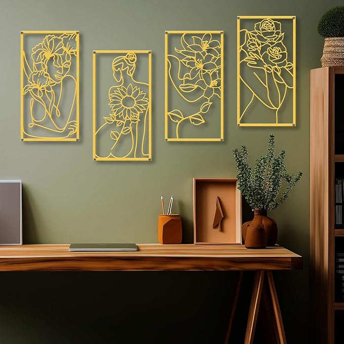 Zzbakress 4 Pcs Metal Minimalist Abstract Woman and Flower Wall Art Single Line Drawing Art Decoration Minimalist Home Hanging Wall Art Decor for Bedroom Kitchen Bathroom Living Room (style1, Gold)