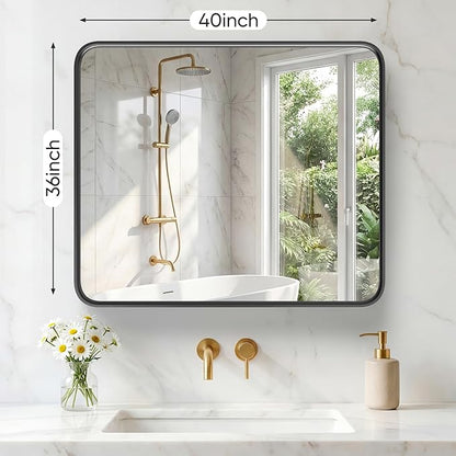 NEWBULIG 36X40 Inch Bathroom Mirror for Over Sink, Wall Vanity Mirrors Tempered Glass, Anti-Rust Metal Framed Rounded Rectangle, Hangs Horizontally or Vertically, Farmhouse Home Decor, Black