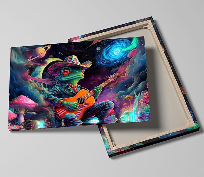 12x16 Trippy Space Frog Canvas Wall Art, Colorful Framed Cosmic Funny Guitar Player Kids Trippy Room Decor Teen Boys Bedroom Cool Posters Children Home Prints Painting for Living Room Bathroom Entry