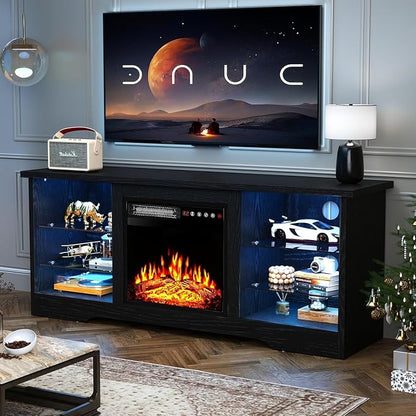 TAVATA 58" Fireplace TV Stand with 18" Fireplace, Modern Led Entertainment Center for TVs up to 65 inch, Media Console for Living Room with Storage Cabinets and Adjustable Glass Shelves (Black)