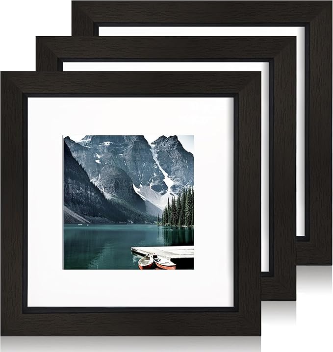 Hongkee 6x6 Black Picture Frames set of 3, Made of Wooden and Real Glass Square Photo frame - Displays 4x4 Picture With Mat or 6 x 6 Without Mat, Desktop & Wall Collage Frame set