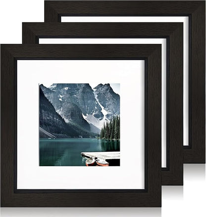 Hongkee 6x6 Black Picture Frames set of 3, Made of Wooden and Real Glass Square Photo frame - Displays 4x4 Picture With Mat or 6 x 6 Without Mat, Desktop & Wall Collage Frame set