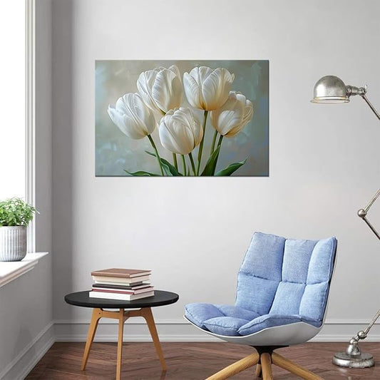 Flowers Wall Art White Tulips Bathroom Decor Modern Spring Floral Paintings Canvas Prints Artwork for Living Room Bedroom Home Decoration Framed