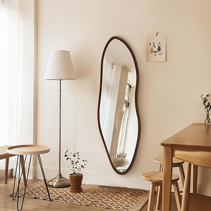 Irregular Full Length Mirror, 65"x22" Wooden Farmhouse Full Body Mirror, Large Asymmetrical Wall Mirrors for Living Room Entryway, Horizontal/Vertical, Walnut