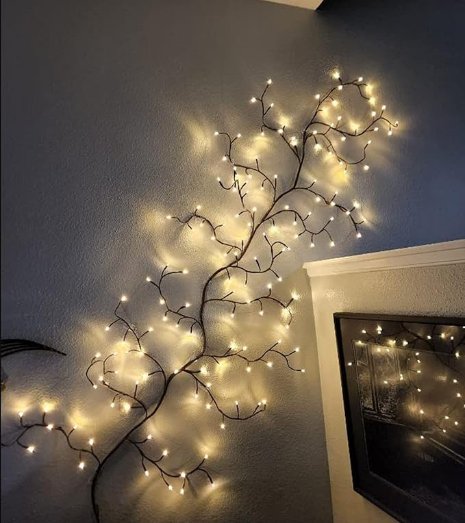 LKGOOD Vines for Room Decor with Remote Control On/Off Timmer Dim,7.5FT Artificial Plants Tree Willow Vine Lights Plug in 144 LEDs for Walls Bedroom,Living Room,Indoor Home Decoration(Brown)