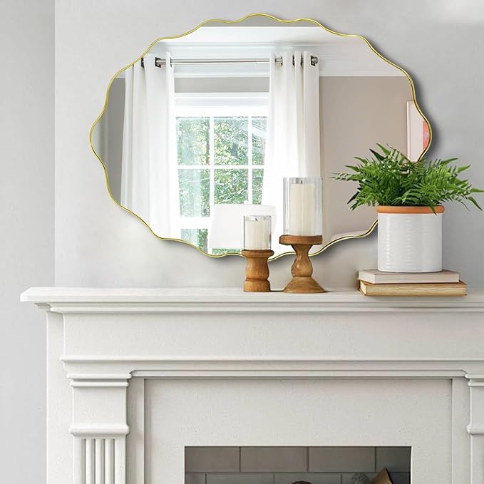 Scalloped Mirror, 35.5"x26" Oval Vanity Mirror for Over Sink, Gold Irregular Shaped Mirrors, Modern Wavy Round Mirrors for Living Room Bedroom Bathroom Hallway Entryway Fireplace