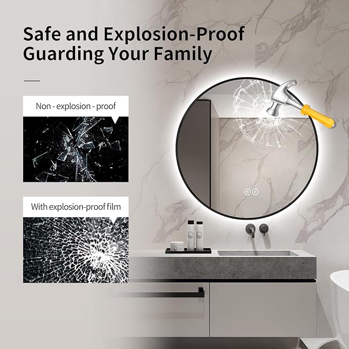 Round LED Bathroom Mirror with Gold Frame, 24V Backlight, 3 Color Temperatures, Dimmable, Memory Function, Defogging (Black Border, 32" L x 32" W)