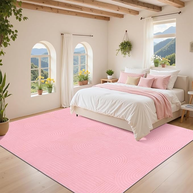 Pauwer Pink Area Rug for Girls Bedroom 8x10 Soft Fluffy Non Slip Machine Washable Rugs Arch Modern Indoor Mat Fuzzy Floor Carpet for Kids Nursery Living Room Dorm Playroom Dining Baby Home Decor