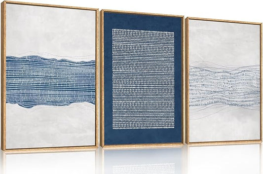 Large Abstract Navy Blue and White Framed Canvas Wall Art Set,Modern Neutral Geometric Waves Lines Dots Wall Decor,Mid Century Minimalist Boho Artwork for Living Room,Bedroom,Office- 16"x24"x3