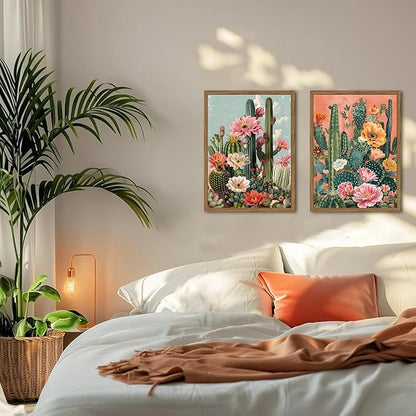 Framed Mexican Cactus Canvas Wall Art Set of 2, Vintage Desert Floral Wall Decor Paintings, Southwestern Boho Botanical Pictures Prints Aesthetic Home Decor for Living Room Bedroom Bathroom 12x16 inch