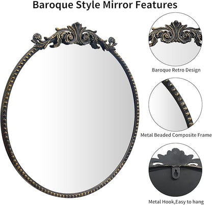 Round Mirror, 24''Baroque Style Circle Mirror Vintage Black Metal Frame Wall Mirrors for Vanity, Bathroom or Bedroom
