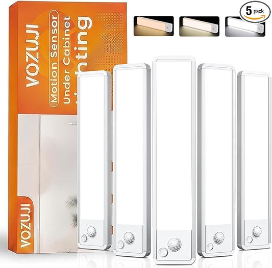 Under Cabinet Lighting: 8 Inch 3-Color Dimmable Rechargeable Motion Sensor Lights Indoor - Battery Operated Lights - Closet Light Magnetic Led Light for Kitchen Home Bathroom Counter 5 Pack