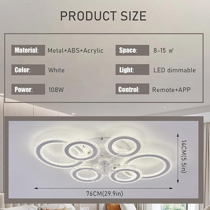 76CM Smart Ceiling Light with Fan DC Motor 6 Gear Reversible Bedroom Ceiling Fan with Lighting LED Dimmable Quiet Modern Living Room Lamp with Fan (Color : White)