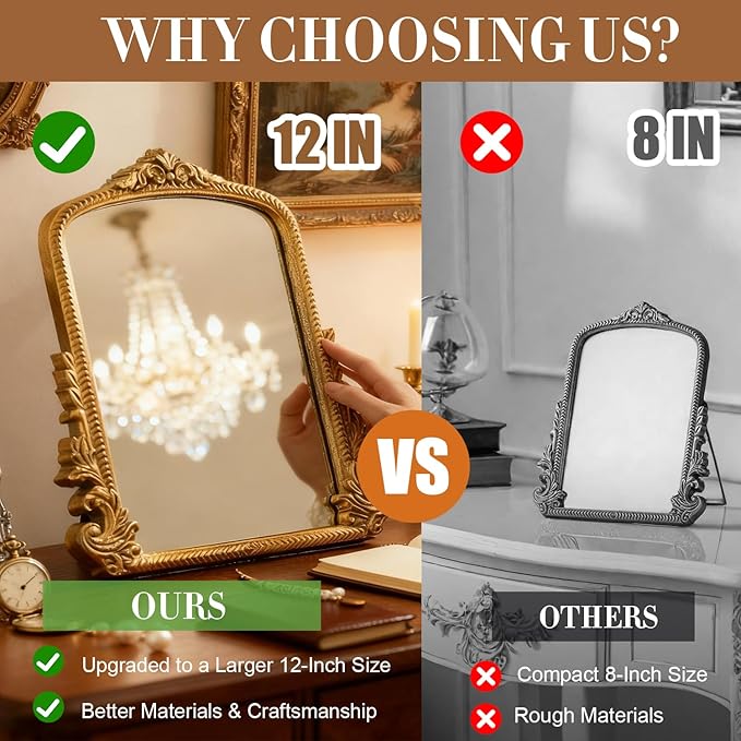 YUSONG Vintage Desk Mirror – 12" Gold Antique Tabletop Mirror with Resin Frame, Decorative Wall Art for Living Room Bedroom Vanity Desk Decor, Birthday Gift