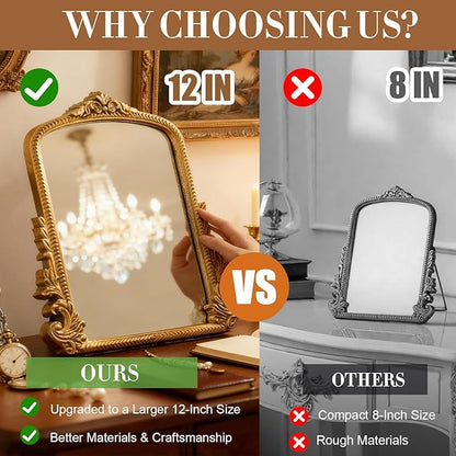 YUSONG Vintage Desk Mirror – 12" Gold Antique Tabletop Mirror with Resin Frame, Decorative Wall Art for Living Room Bedroom Vanity Desk Decor, Birthday Gift