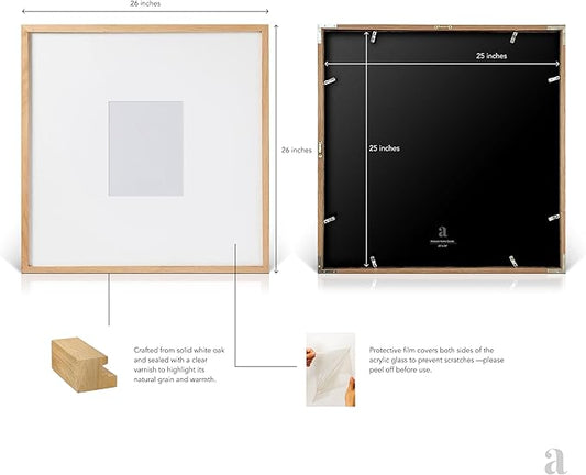 artisane home goods 25x25 Frame – Large White Oak Gallery Picture Frame With Mat for Wall, 25x25 Picture Frame for Gallery Walls, Oversized Square Frame, Matted to 8x10, 5x7 & 4x6