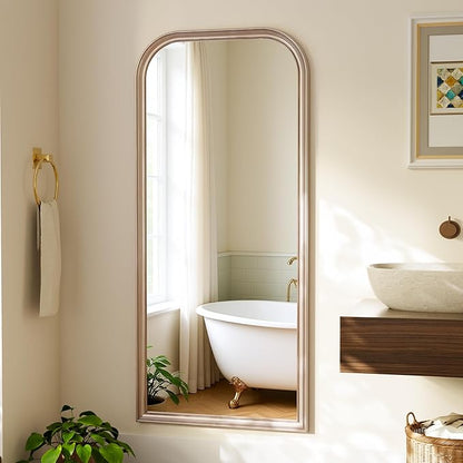 28"×69" Rounded Top Large Full Length Mirror, Arched Vintage Floor Stangding Body Mirror - PU Frame, Wall Mounted Hanging Leaning Antique Decor for Dressing Room, Entryway, Bedroom, Silver
