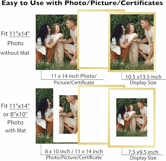 JCJMY 10 Packs 11x14 Picture Frames, Display 8x10 with Mat or 11x14 Without Mat, Gallery Wall Frame Set, 11 by 14 Frames Bulk Set of 10 Collage Wall Decor Photo Frames Set for Wall, Gold