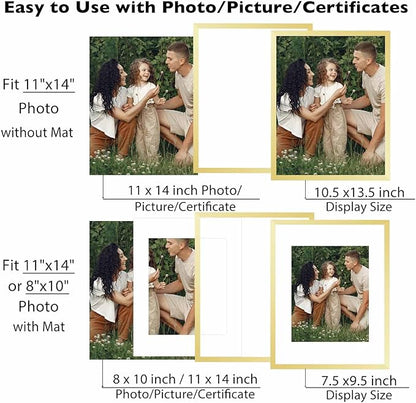 JCJMY 10 Packs 11x14 Picture Frames, Display 8x10 with Mat or 11x14 Without Mat, Gallery Wall Frame Set, 11 by 14 Frames Bulk Set of 10 Collage Wall Decor Photo Frames Set for Wall, Gold