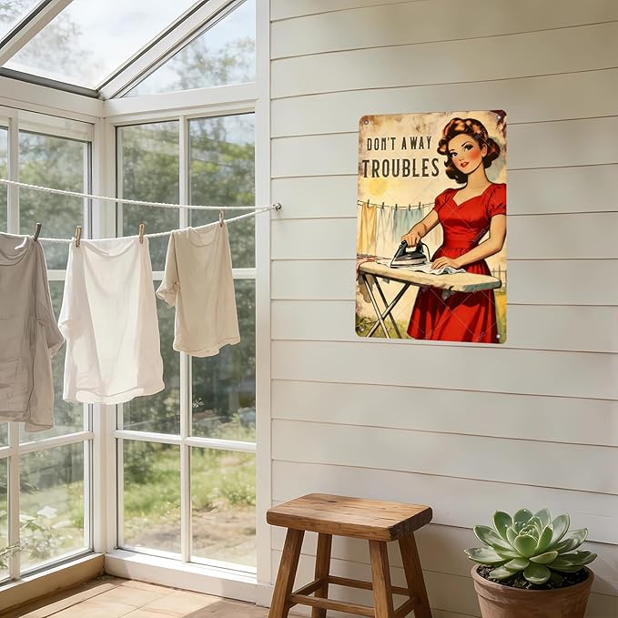 Don't Away Troubles Vintage Laundry Sign Metal Tin Plaque Funny Sarcastic Housewife Design Retro Wall Art Laundry Room Decor Farmhouse Home Gift 16x12 Inch