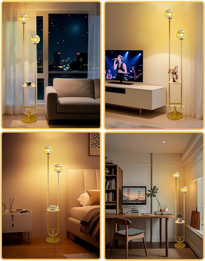 Glass Floor Lamp with Tray, Gold Dimmable Globe Floor Lamp for Wedding/Party, 2Pcs 3000K Soft Warm White Bulbs Included, Mid Century Modern Standing Lamps for Living Room Bedroom