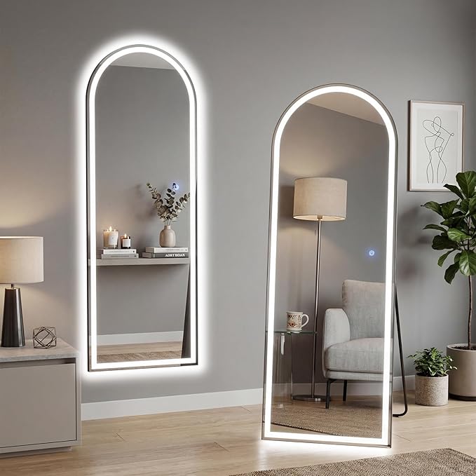 16"×60" Arched LED Full Length Mirror with Stand, Full Body Wall-Mount Mirror with LED Lights 3 Color Lighting, Hanging or Leaning, Floor Standing, Modern Simple Home Wall Decor