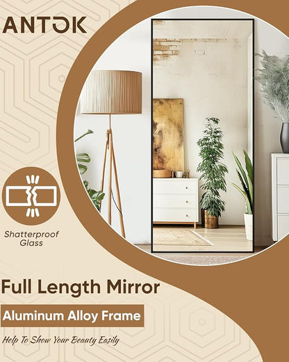 Antok 71''x28'' Full Length Mirror, Shatterproof HD Oversized Floor Mirror with Stand, Aluminum Alloy Frame Leaning Standing or Wall Mounted Mirror for Bedroom Living Room Entryway, Black