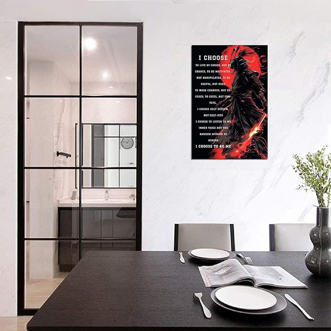 Armored Samurai Wall Art I Choose to Live by Choice Canvas Prints Vintage Japanese Artwork Black Motivational Poster Inspirational Quotes Painting for Men Bedroom Living Room Office (28''W x 44''H)