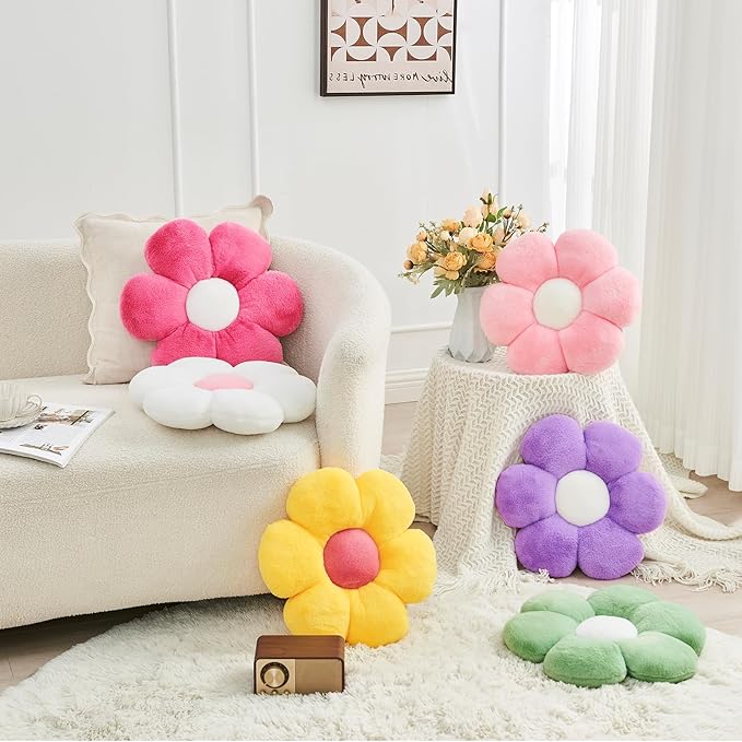 2 Pcs Flower Throw Pillow,15.7'' Daisy Flower Shaped Pillows Set with Faux Rabbit Fur,Soft Flower Plush Throw Pillow Cushions for Bed Sofa Couch Home Decor(White+Yellow)